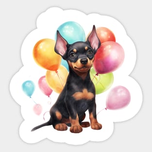 Doberman Pinscher Dog Holding Balloons Sticker